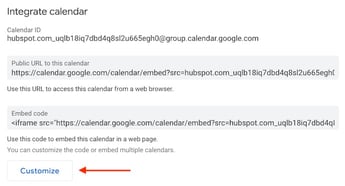 tlačítko Přizpůsobit uvnitř nastavení kalendáře integrace Google.