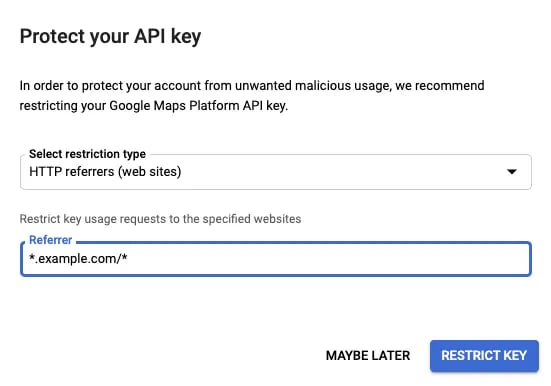 Google Maps API Key free: setting restrictions on google api key