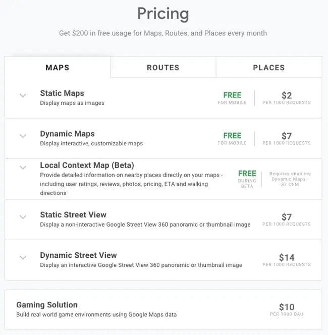 pricing table for google maps api requests