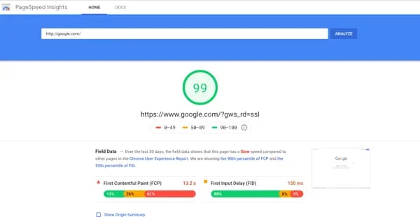 Google.com's score at 99% on Google PageSpeed Insights.