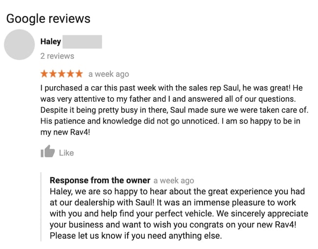 best google review responses: car dealership