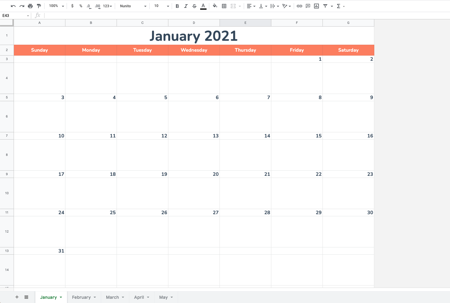 2025 Google Sheets Monthly Calendar Template