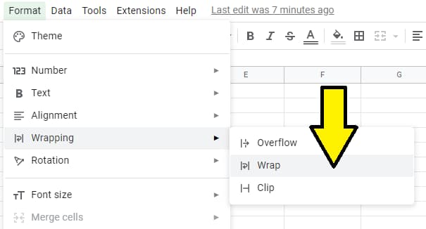 How to wrap text in Google Sheets from the format menu, an arrow pointing to the wrap option
