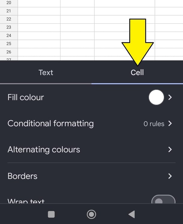 how to wrap text in Google Sheets on mobile, an arrow pointing to the cell option