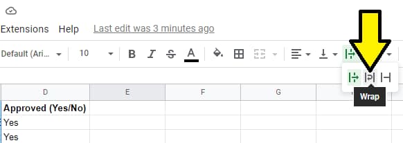 نحوه پیچیدن متن در Google Sheets از نوار ابزار، فلشی که به نماد wrap اشاره دارد