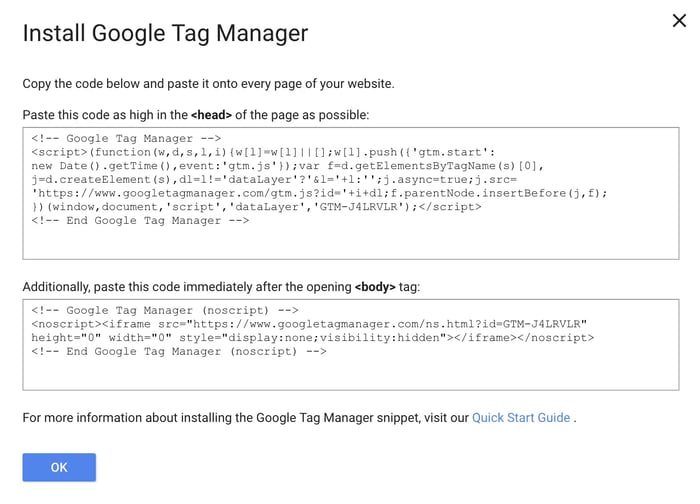 Google Tag code instructions and codes