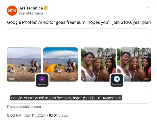 Ars Technica shares news about Google Photos’ AI going freemium