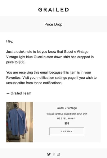 direct response marketing example: grailed price drop email notification