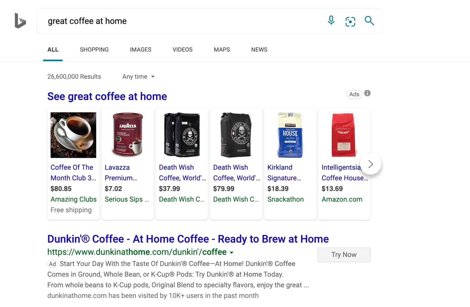 great coffee at home bing ppc ad example