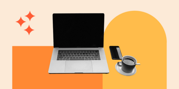 Green websites: laptop with mug adjacent to it against a neutral background with pops of orange and yellow 