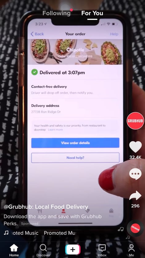 grubhub in feed tiktok ad