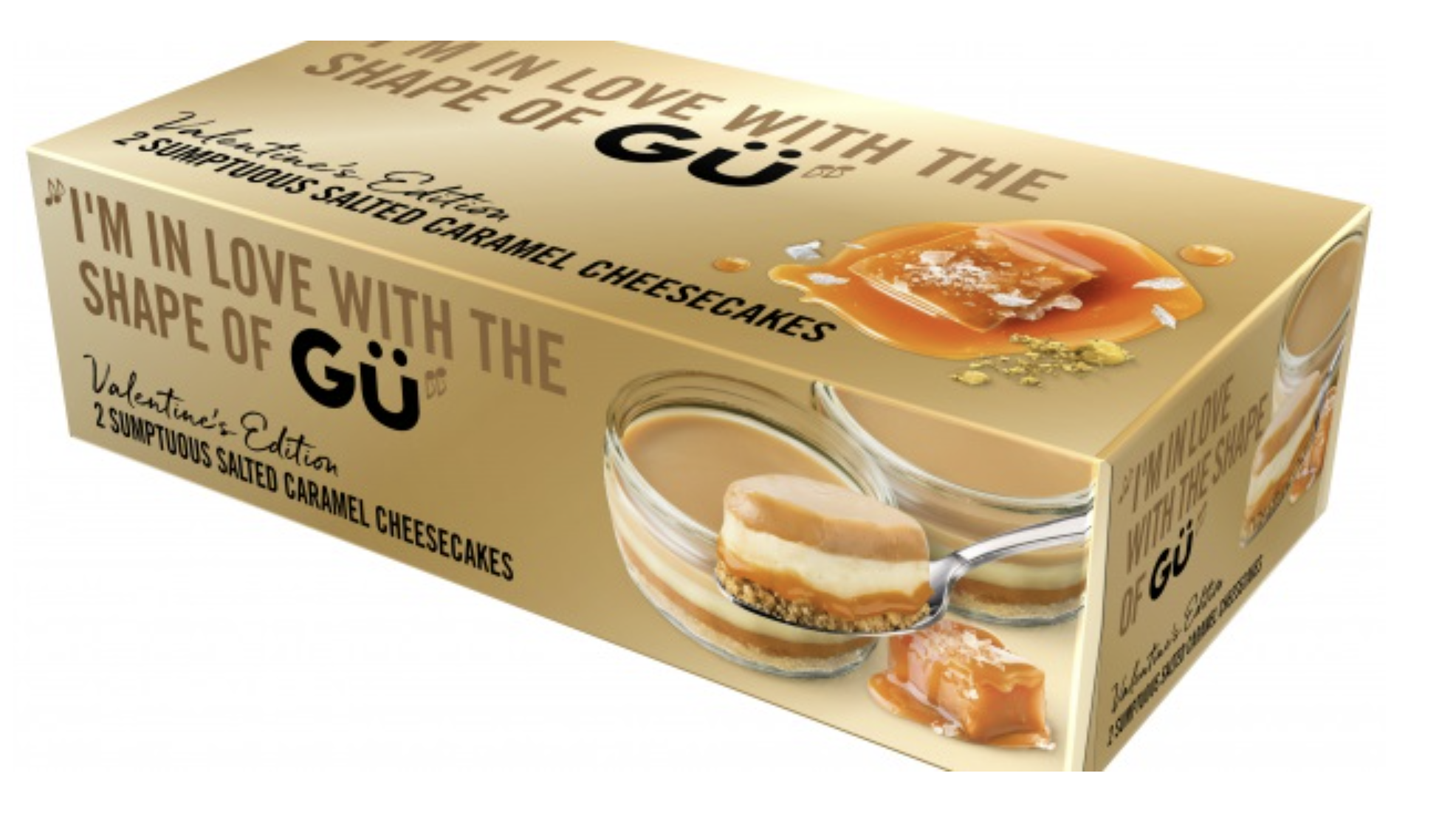 A box of cheesecakes that say "I'm in love with the shape of Gu" as part of Gu's Valentine's Day marketing campaign. 