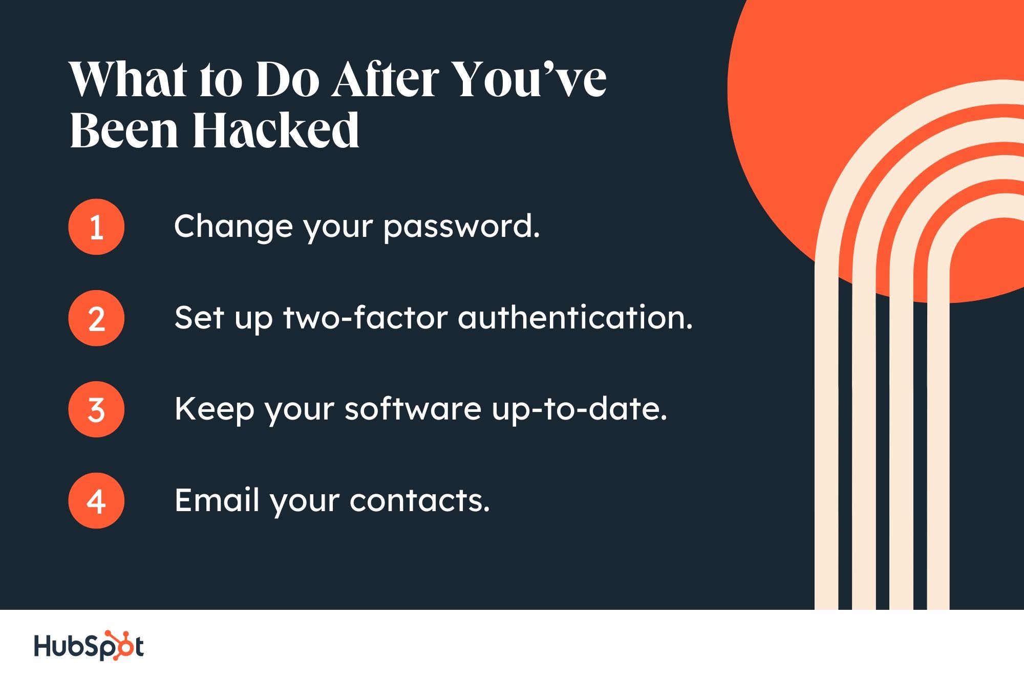 hacked email next-steps: changes your password, set up two-factor authentication, keep your software up-to-date, and email your contacts.
