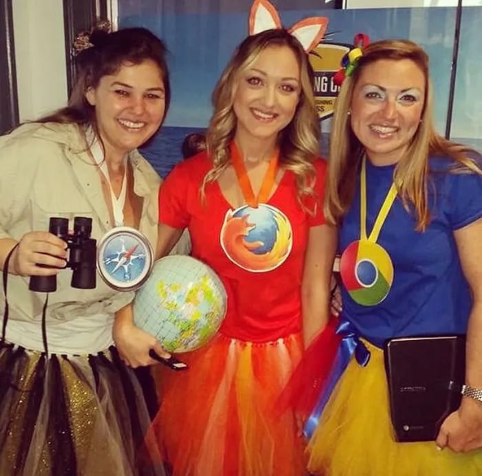 Women dressed as web browsers for office Halloween party