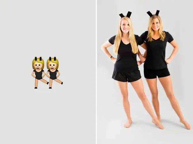 Women dressed as dancing girl emojis