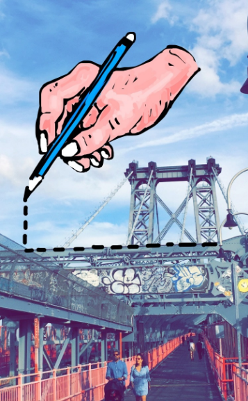 Amazing Snapchat drawing of hand drawing dotted line over New York City bridge
