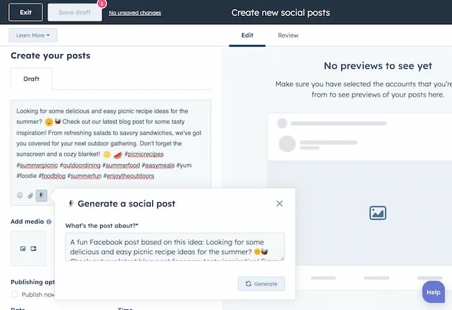 AI social media hashtags generator example, HubSpot