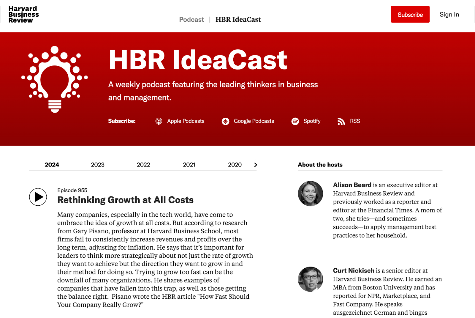 HBR podcast web page content marketing example 