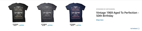 Shirt Invaders Amazon headline search ads above the search results.