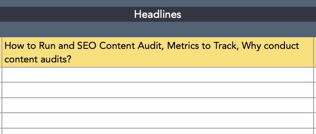 Content audit template example: Headlines