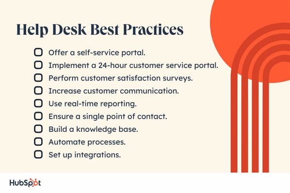 Help Desk Best Practices. Offer a self-service portal. Implement a 24-hour customer service portal. Perform customer satisfaction surveys. Increase customer communication. Use real-time reporting. Ensure a single point of contact. Build a knowledge base. Automate processes. Set up integrations