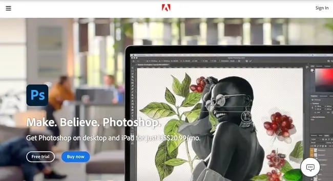 Adobe Photoshop high fidelity design tool homepage