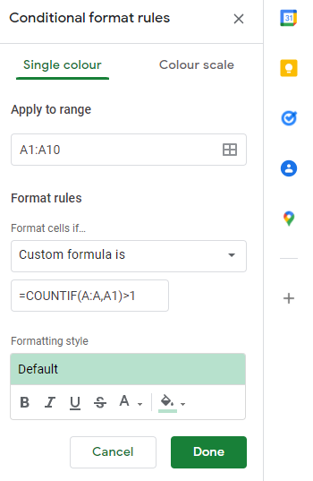 cómo resaltar datos duplicados en hojas de Google: insertar fórmula