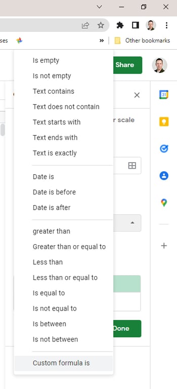 cómo resaltar datos duplicados en las hojas de Google: seleccione la fórmula personalizada es