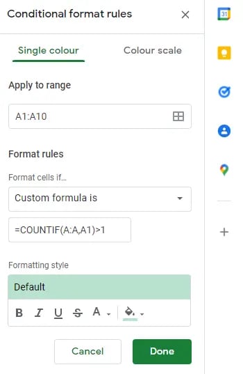 how to highlight duplicate data in google sheets: insert formula