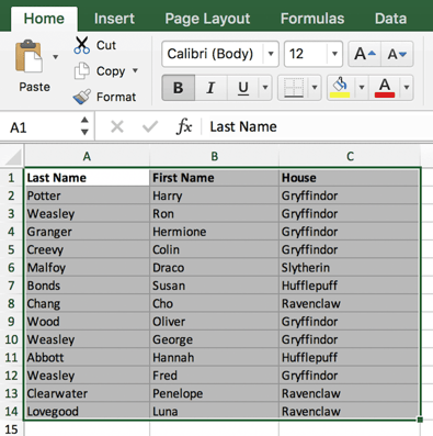 Highlighted spreadsheet of Harry Potter names and houses in Excel
