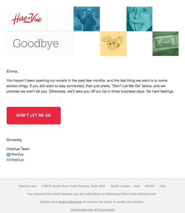 Email marketing campaign example by HireVue focused on customer retention