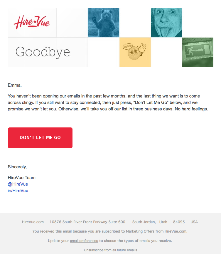 Exemple de campagne de marketing par e-mail de HireVue axée sur la fidélisation de la clientèle