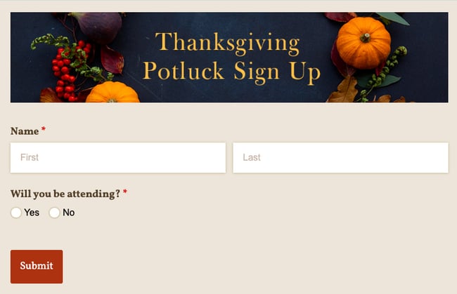 holiday potluck registration form template by Cognito Forms