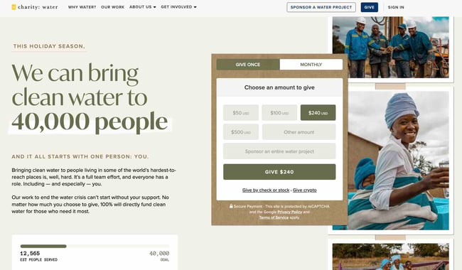 homepage design, charity:water