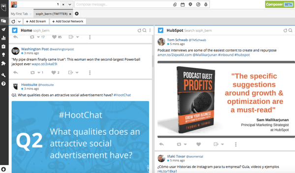 Social media monitoring and publishing dashboard by HootSuite