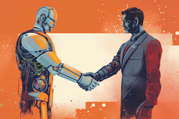 an AI robot shaking hands with a man in a suit, demonstrating collaboration between AI and marketing.