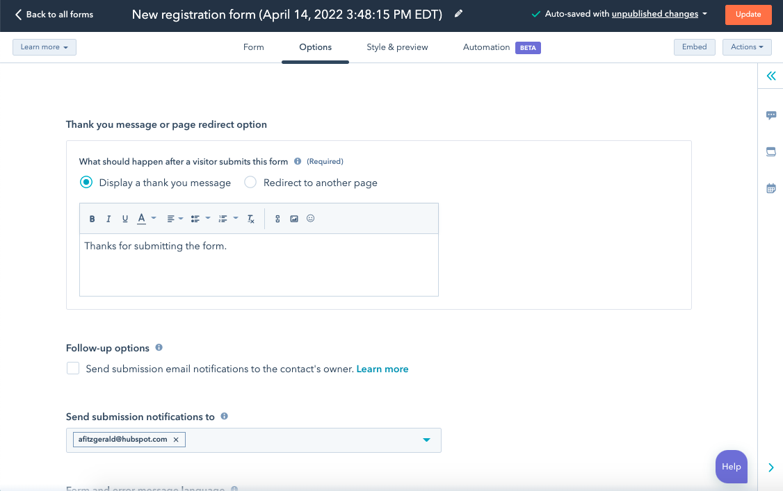 how to create a registration form hubspot step 9: choose follow up options