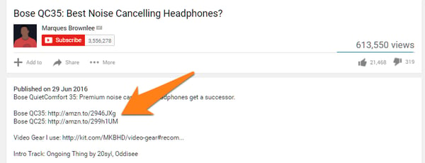 Liens d'affiliation répertoriés sous une vidéo YouTube évaluant un produit