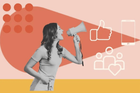 A content creator uses a megaphone to promote her content; How to Promote Your Content as a Creator