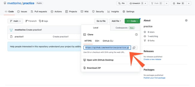 How to push to GitHub: Shown is the landing page of the repository and the button you will press to get the URL. 