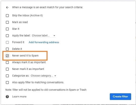 how to white list an email in Gmail, never send to spam checkbox