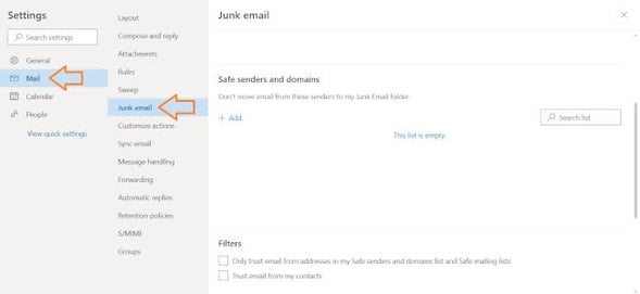 how to white list an email in Outlook, outlook junk email settings