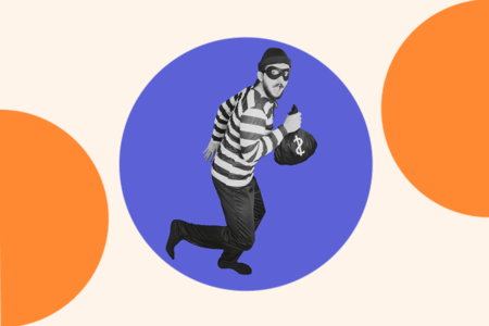 Burglar in striped clothes and mask carrying a money bag
