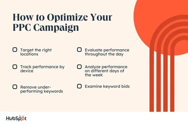 ppc campaign optimization tips, target the right locations, track performance, remove keywords, and examine keyword bids.