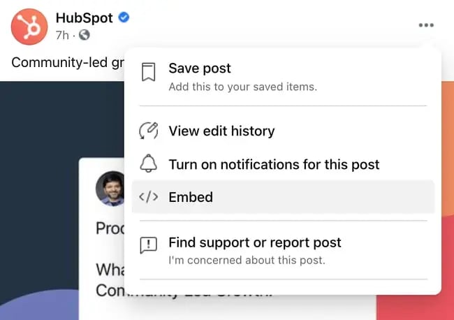 Embed code button on a Facebook post