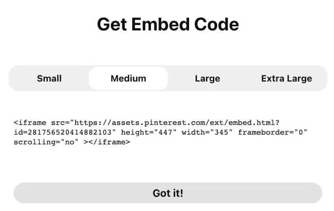 Generated embed code for a pin on Pinterest