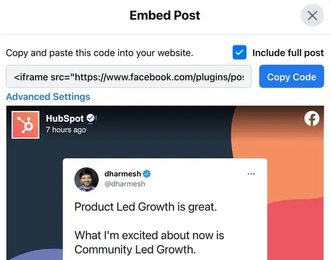 Embed code options on a Facebook post