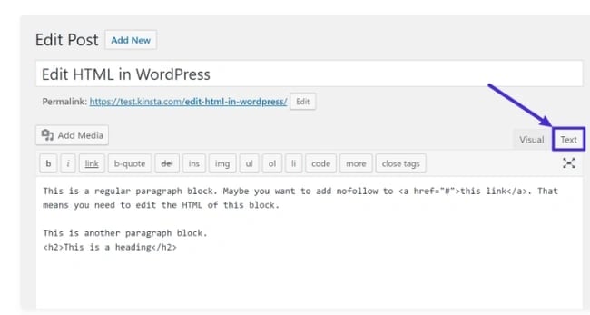 the classic editor in wordpress with the text button circled