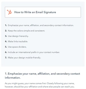  ejemplo de un formato de publicación de blog instructivo que tiene el título "cómo escribir una firma de correo electrónico" con los pasos que se muestran debajo