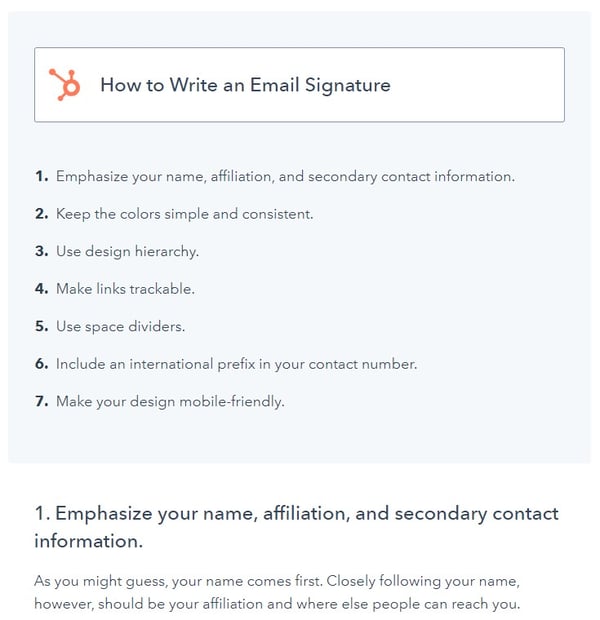 example of a how-to blog post format that has the title "how to write an email signature" with the steps displayed underneath it
